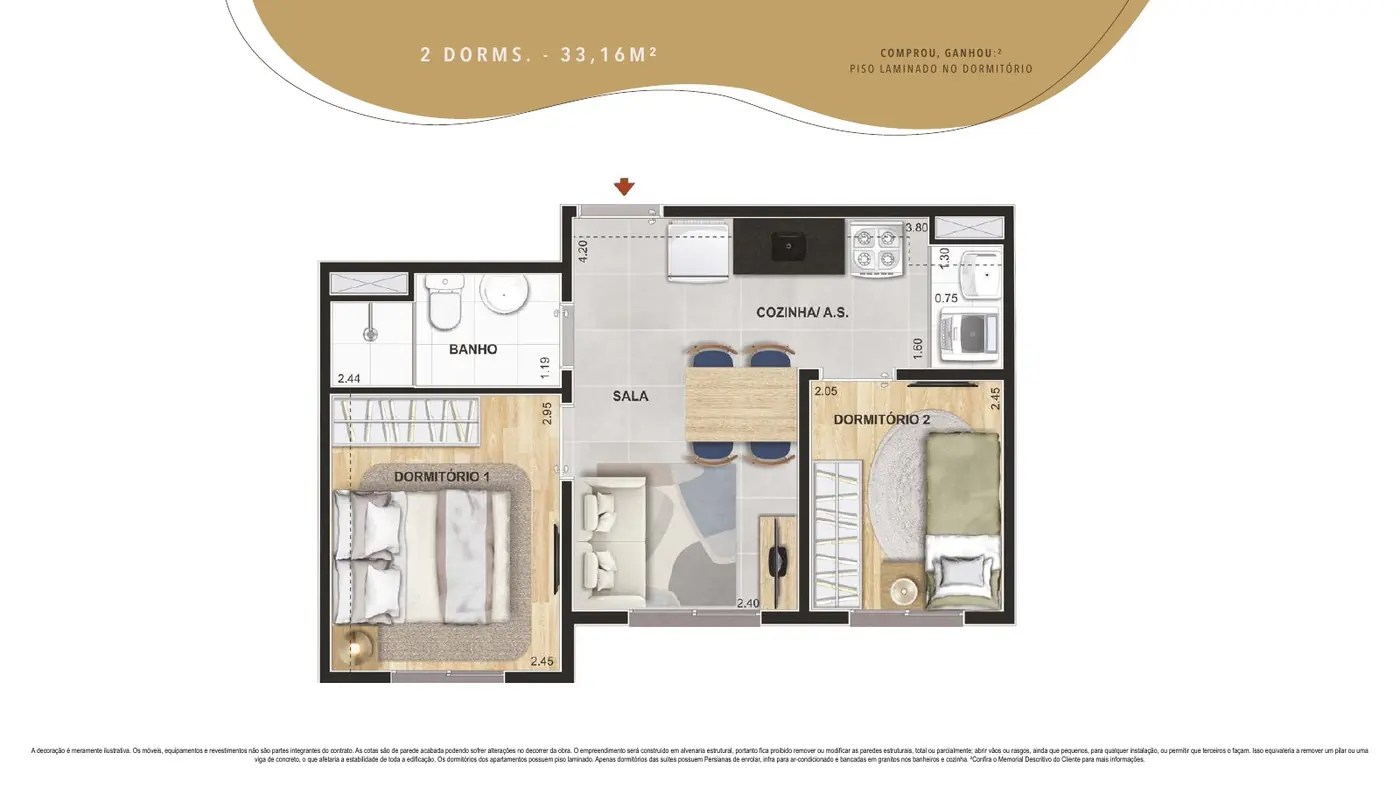 Planta ilustrada do apartamento de 2 dormitórios com 33,16 m² do Cidade Parque Guarapiranga
