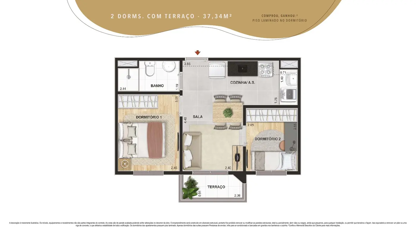 Planta ilustrada do apartamento de 2 dormitórios com terraço e 37,34 m² do Cidade Parque Guarapiranga