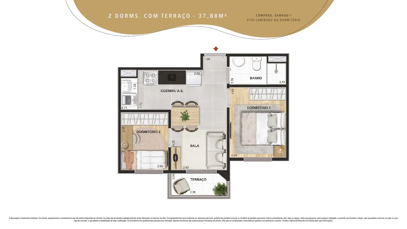 Planta ilustrada do apartamento de 2 dormitórios com terraço e 37,88 m² do Cidade Parque Guarapiranga