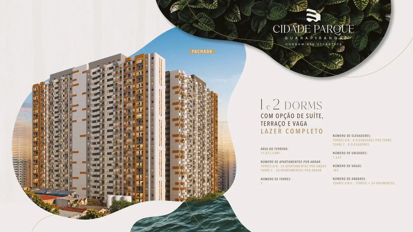 Perspectiva ilustrada da fachada das torres do Cidade Parque Guarapiranga – Condomínio Atlântica, da Cury, no Socorro em São Paulo