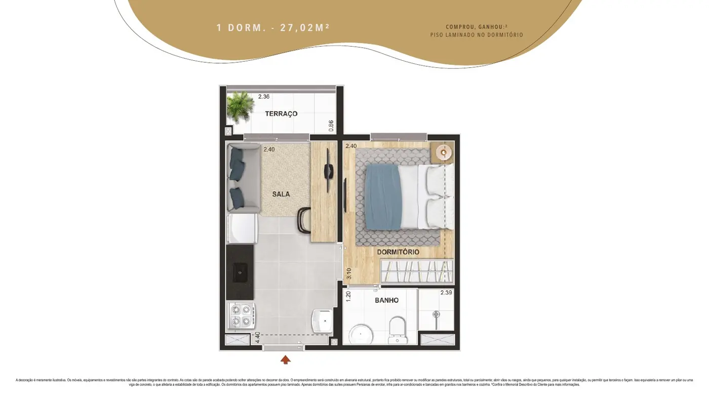 Planta ilustrada do apartamento de 1 dormitório com 27,02 m² do Cidade Parque Guarapiranga