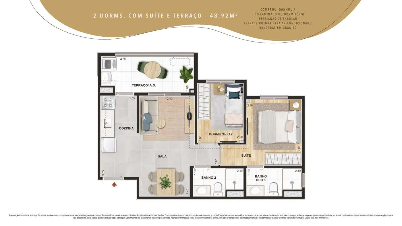 Planta ilustrada do apartamento de 2 dormitórios com suíte, terraço e 48,92 m² do Cidade Parque Guarapiranga
