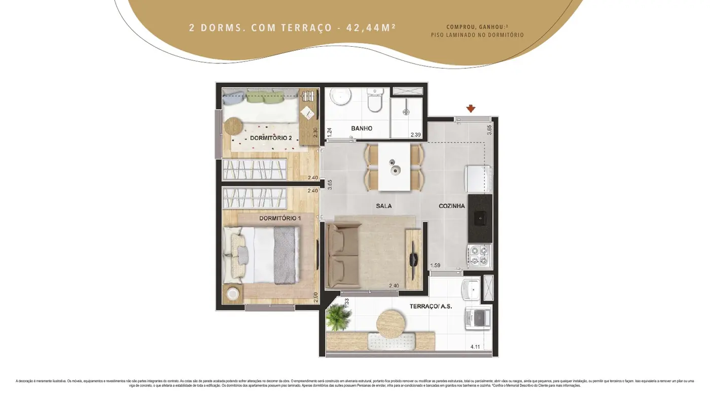 Planta ilustrada do apartamento de 2 dormitórios com terraço e 42,44 m² do Cidade Parque Guarapiranga