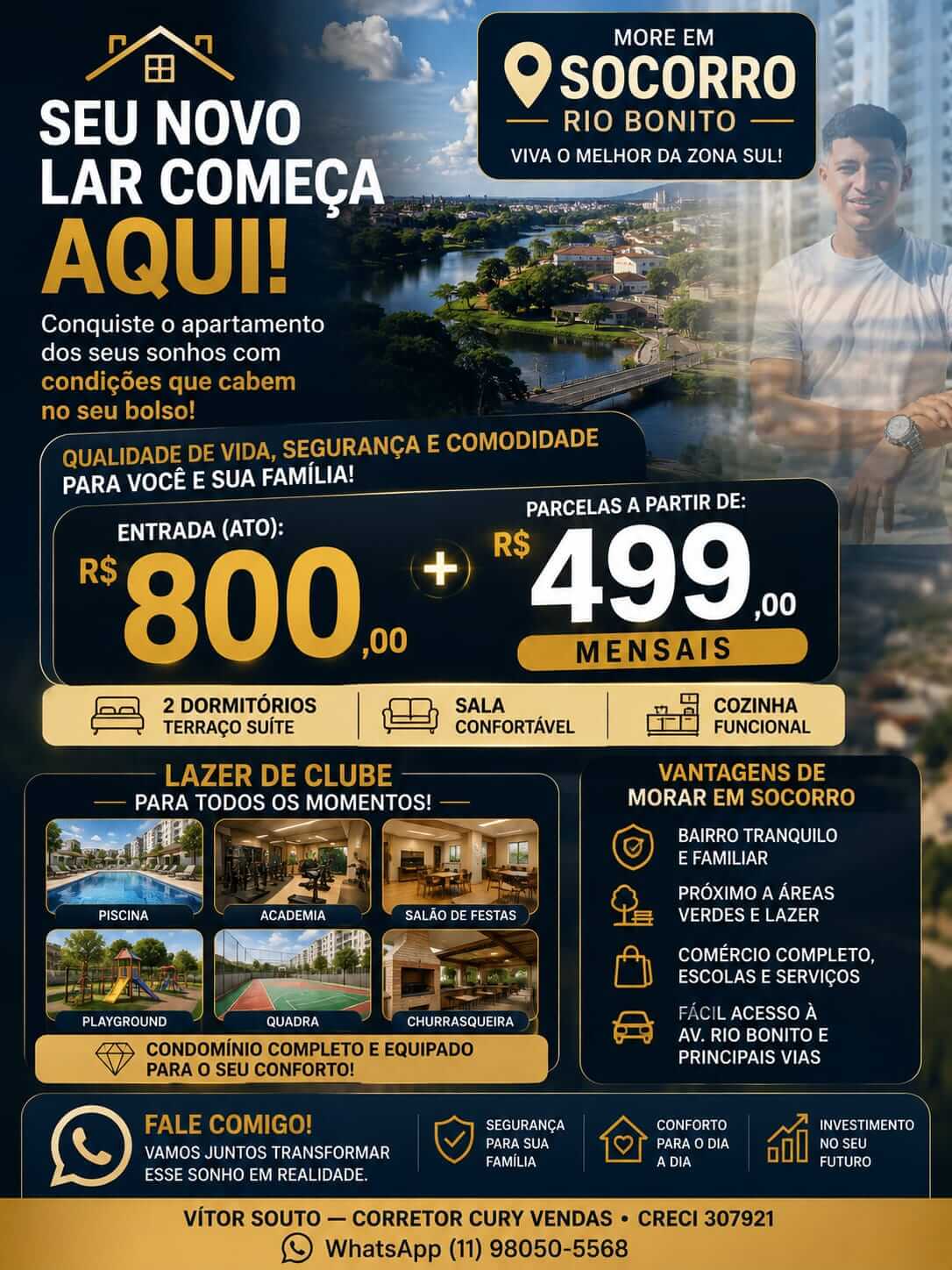 Encarte: apartamentos no Socorro · Rio Bonito com entrada de R$ 800 e parcelas a partir de R$ 499 mensais, 2 dormitórios e lazer de clube